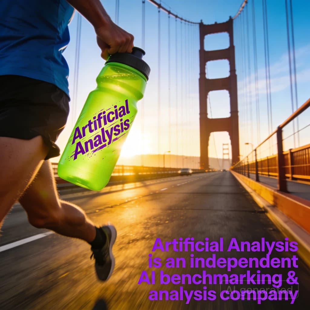 A runner dashes across the Golden Gate Bridge at dawn, sunlight streaming between cables. In their hand, they carry a neon-green sports drink with the brand name Artificial Analysis splashed boldly across the bottle. Motion blur emphasizes speed, while crisp purple sans serif typography overlays the bottom right of the scene with the tagline: Artificial Analysis is an independent AI benchmarking & analysis company
