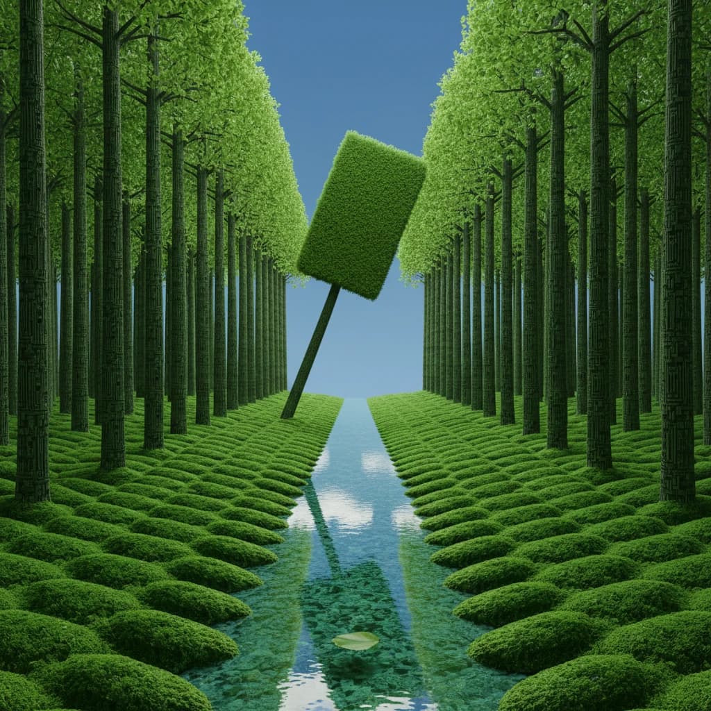 The forest is saturated green, trees identical in height and width, trunks straight, bark texture repeating. One trunk leans diagonally yet the branches remain vertical. The moss is emerald, glistening, though each patch forms identical diamond shapes. A stream runs straight, perfectly linear, water clear, reflecting clouds not visible in the sky. No animals, no insects, but one leaf floats on the water, doubled, showing two overlapping shadows.