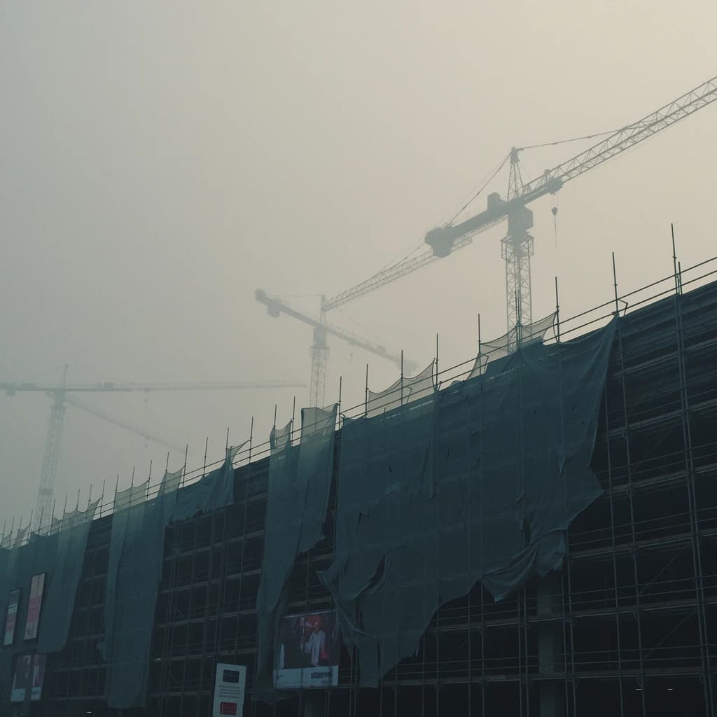 A construction site stretched upward into fog, cranes frozen in silhouette. Wind rattled scaffolding draped with torn mesh that glowed faintly from nearby billboards