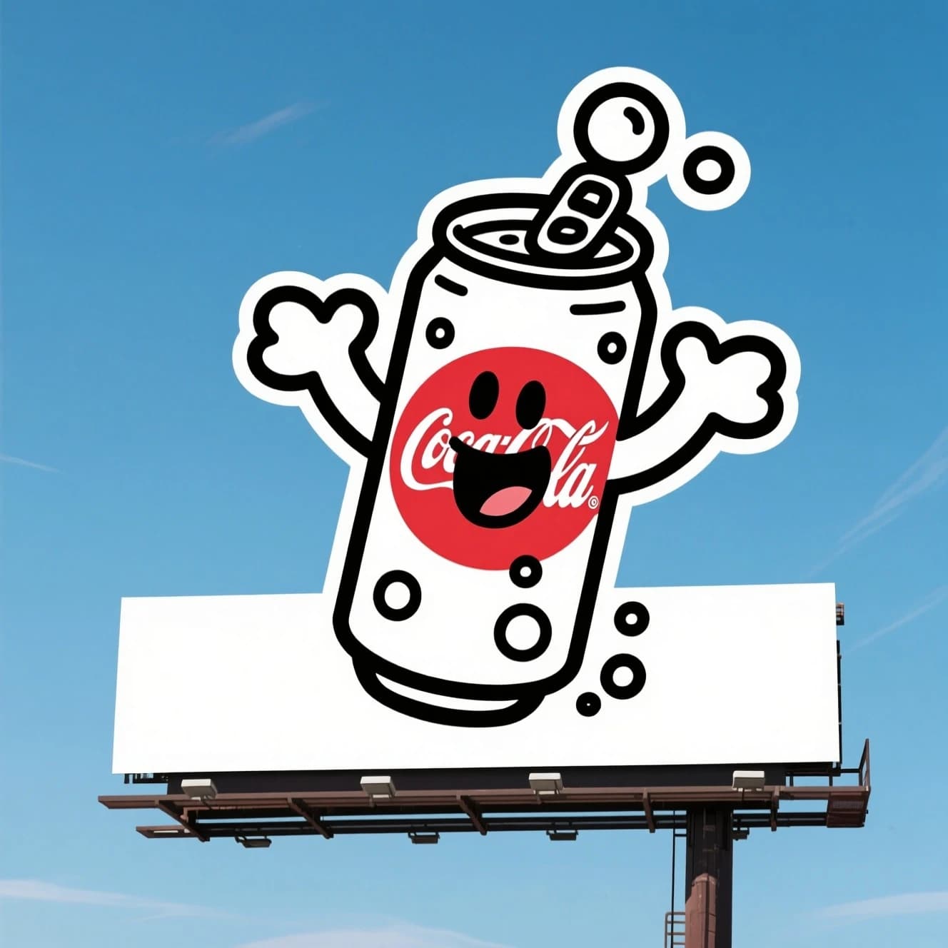 Design a bright soda billboard ad with a bubbly can mascot, thick inky lines.