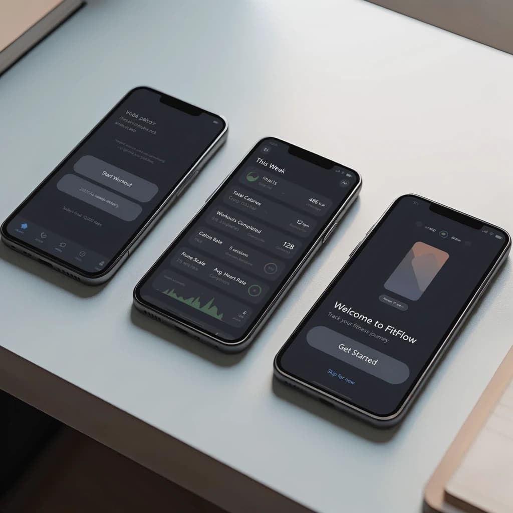 Sleek mobile fitness app screens on a desk: dark mode home, progress dashboard, simple onboarding, clear 8 pt grid, slightly oversized buttons for thumb reach, muted colors.