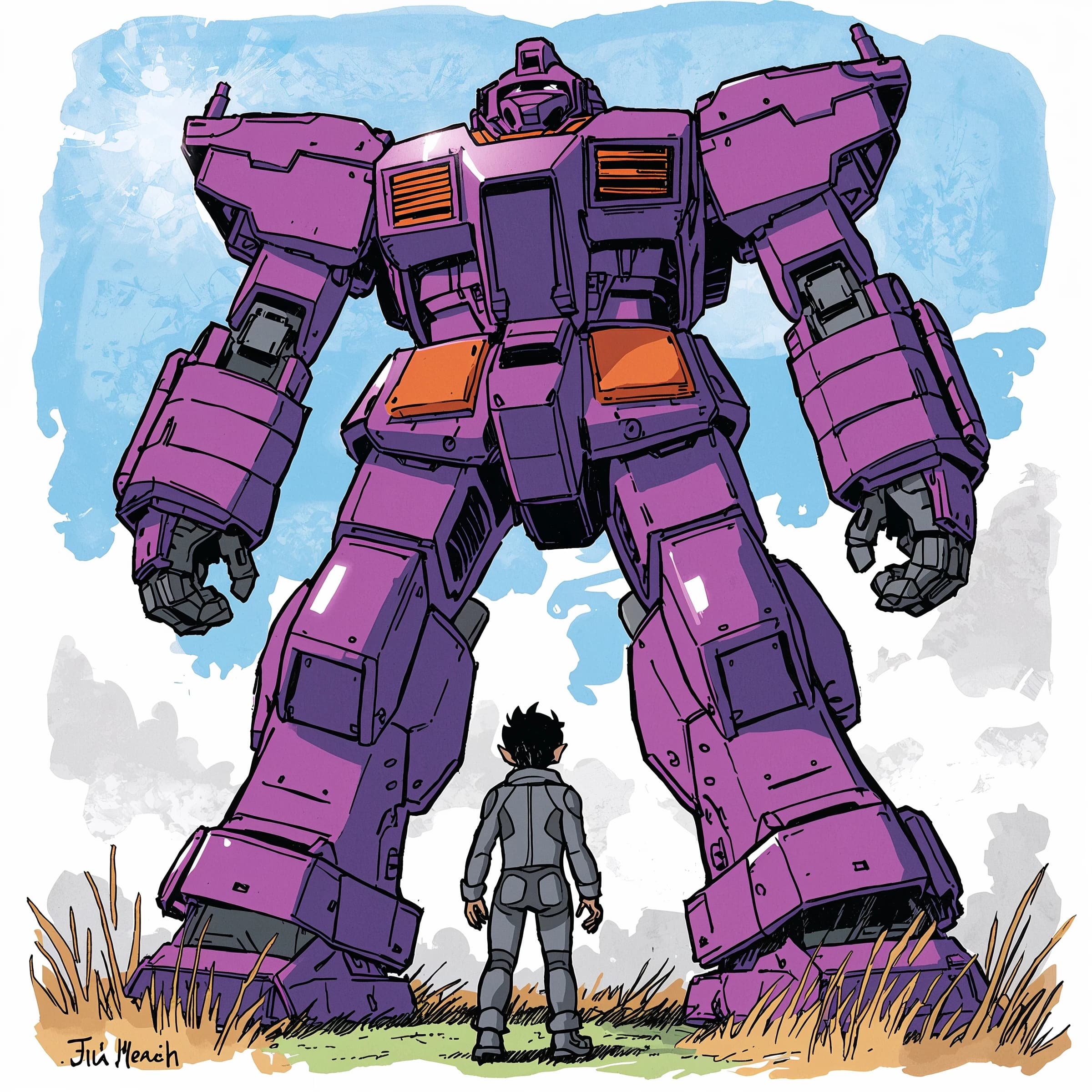 Clad in his body suit up to the neck, young Masa nervously approaches the towering mech with his back facing us. He is nervous for his first time in the field. The mech's bright purple colour scheme contrasts with the grey body suit. The scale of the mech dwarfs Masa. Hand drawn style