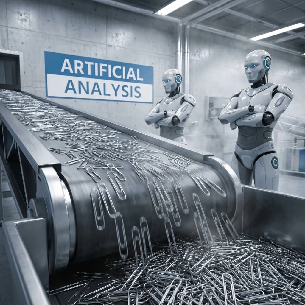 Close up point of view perspective on a conveyor belt pumping out paperclips at a maddening pace. The high tech factory has Artificial Analysis printed proudly on the wall. Robot staff look approvingly over the robust output.