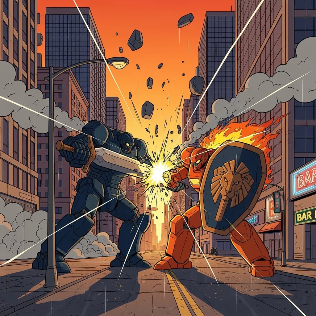 Make a cel-shaded mecha duel at dusk downtown.