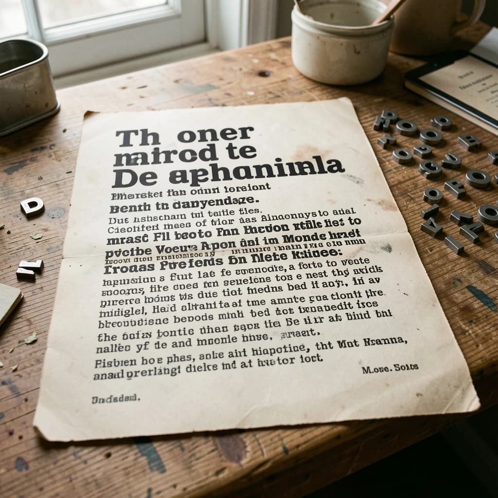 A vintage letterpress poster on a wooden desk: bold slab serif headline, tight kerning, misregistered ink, slightly worn edges, scattered metal type, soft window light.