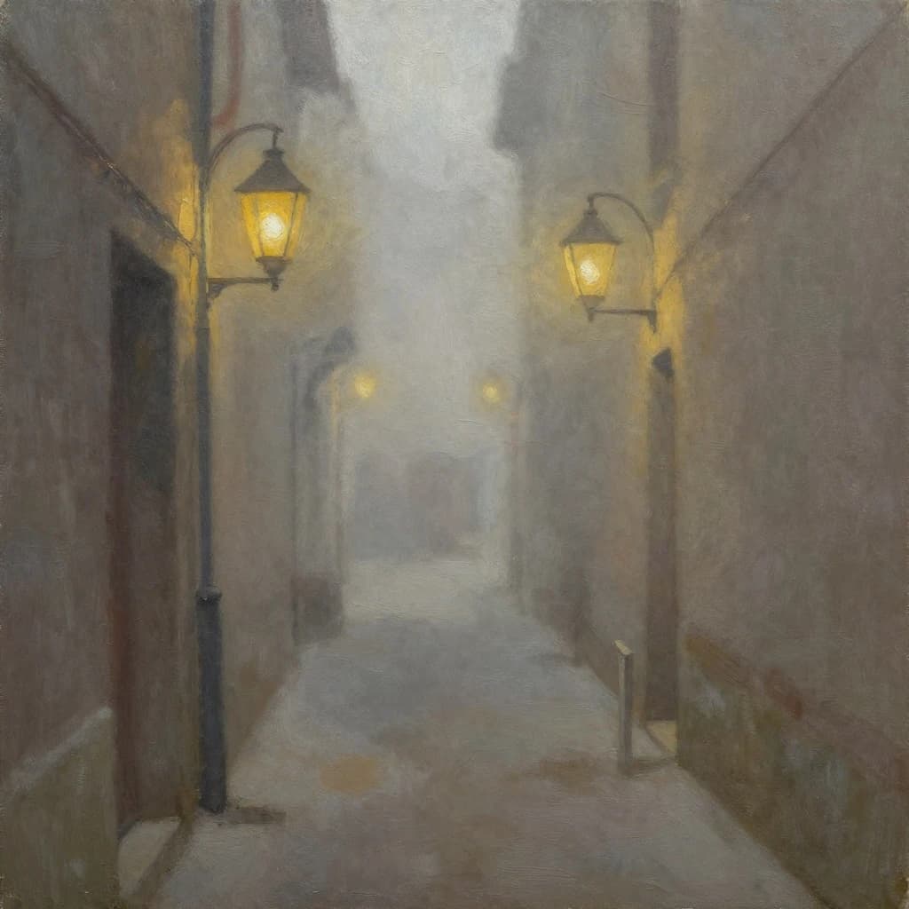 Please create an oil painting of a narrow alley, a bit foggy, glowing lanterns.