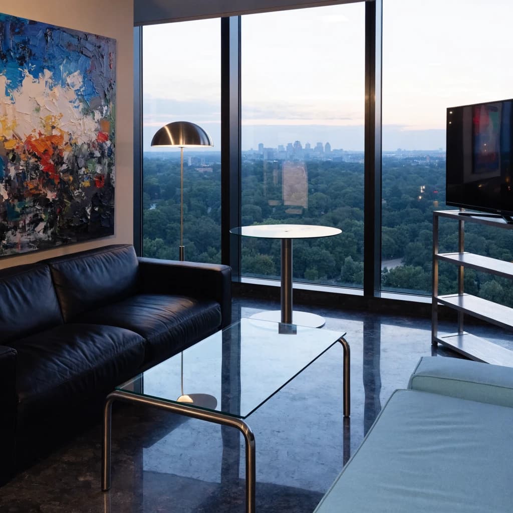 My apartment overlooks Central Park. It’s very luxurious, very expensive, and the furniture is minimal — a black leather couch, a glass coffee table with chrome legs, an Arne Jacobsen floor lamp. A big-screen television set rests on a steel shelving unit. A David Onica painting hangs above the couch. There’s a stainless steel and glass cocktail table. A powder-blue sofa. A thirty-inch digital TV.
