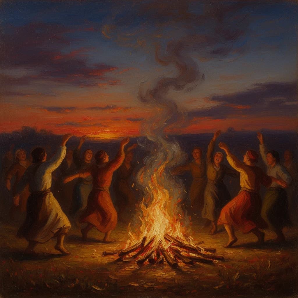 Make an oil painting of villagers dancing by a bonfire at dusk, a bit smoky.