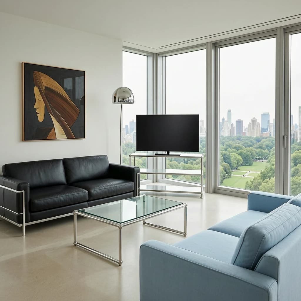 My apartment overlooks Central Park. It’s very luxurious, very expensive, and the furniture is minimal — a black leather couch, a glass coffee table with chrome legs, an Arne Jacobsen floor lamp. A big-screen television set rests on a steel shelving unit. A David Onica painting hangs above the couch. There’s a stainless steel and glass cocktail table. A powder-blue sofa. A thirty-inch digital TV.
