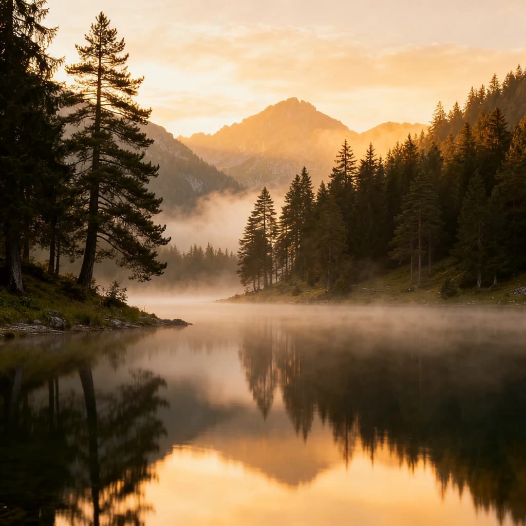 I want a photo of a misty alpine lake at dawn, pines, glassy water, warm light.
