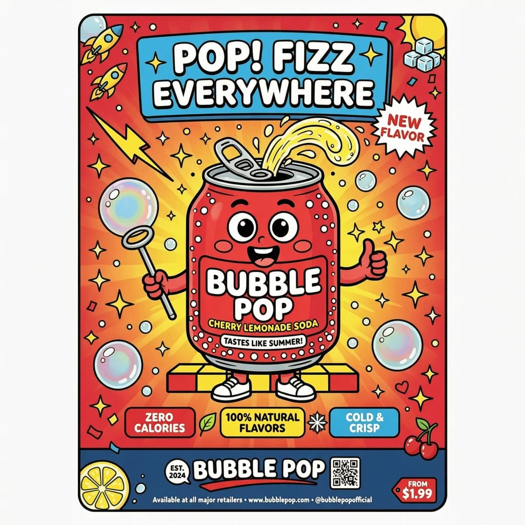 Design a bright soda billboard ad with a bubbly can mascot, thick inky lines.