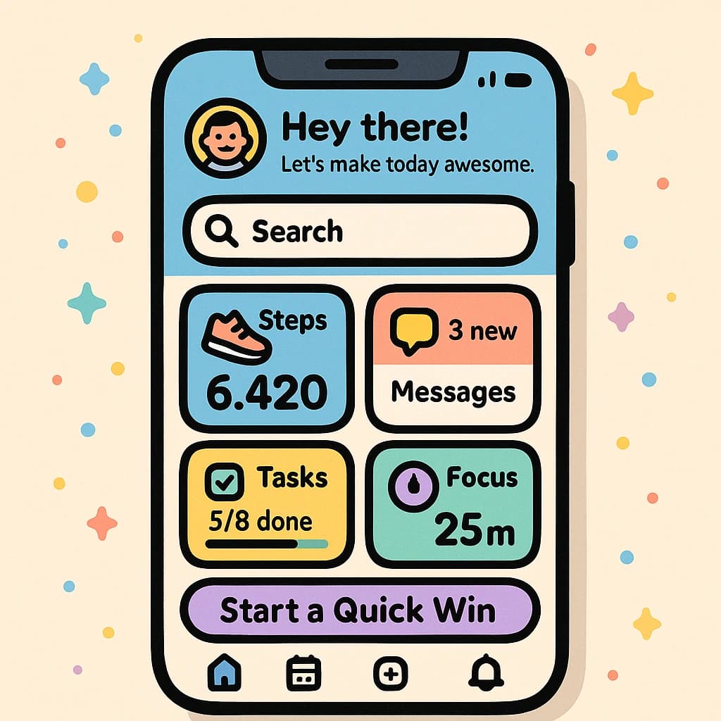 Playful mobile app dashboard, thick outlines, flat colors, friendly microcopy.