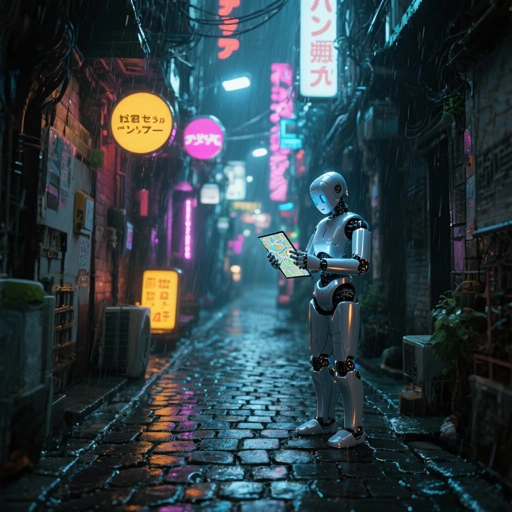 Neon-lit Tokyo alley, rain-slick cobblestones, a chrome android checks a map.