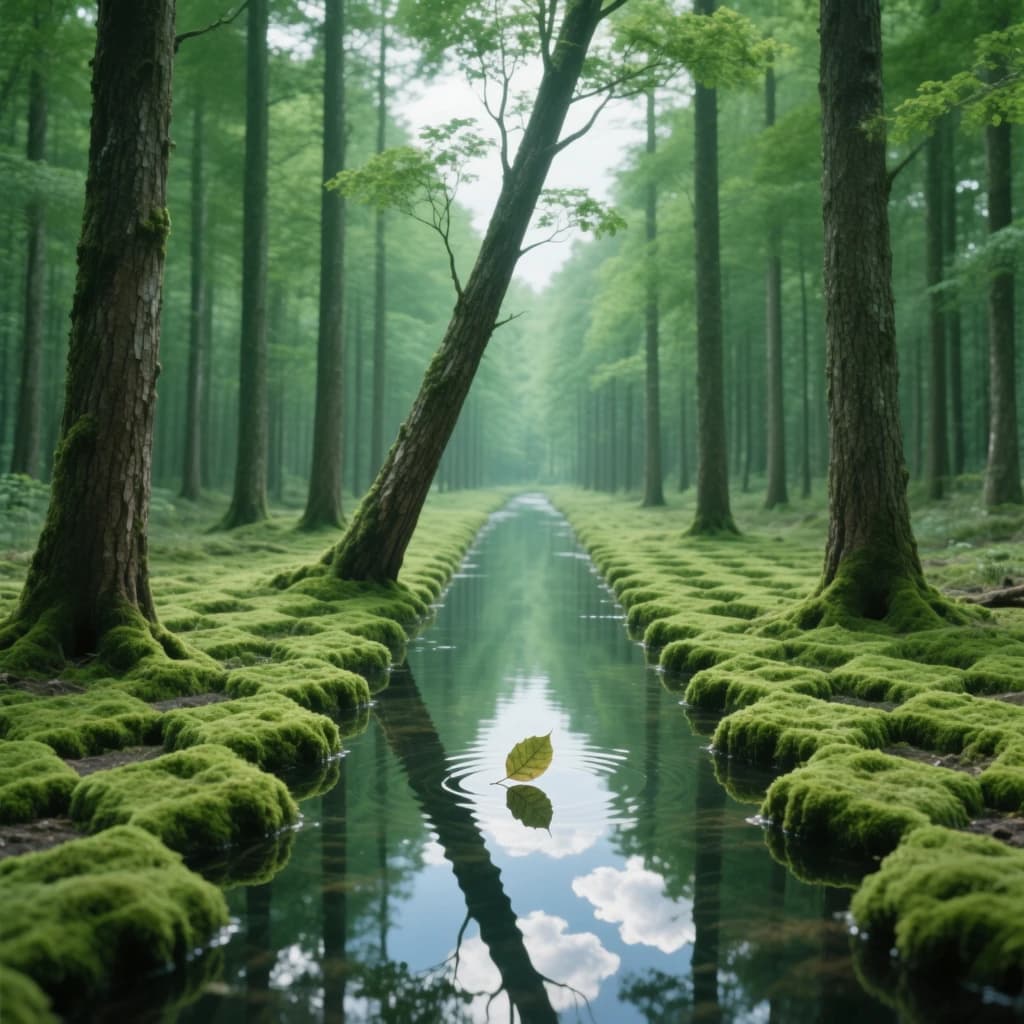 The forest is saturated green, trees identical in height and width, trunks straight, bark texture repeating. One trunk leans diagonally yet the branches remain vertical. The moss is emerald, glistening, though each patch forms identical diamond shapes. A stream runs straight, perfectly linear, water clear, reflecting clouds not visible in the sky. No animals, no insects, but one leaf floats on the water, doubled, showing two overlapping shadows.