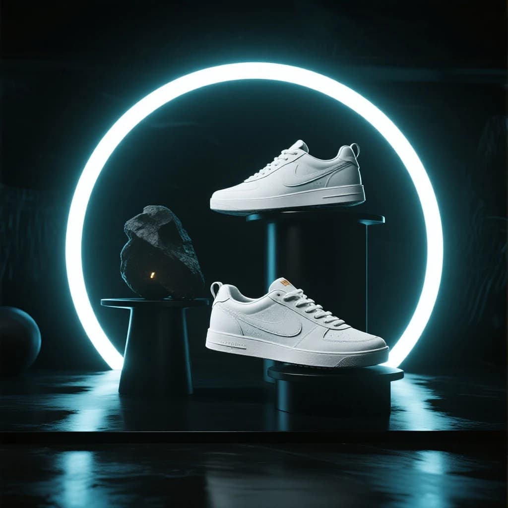 Make a polished 3D ad render: sneakers on glossy plinths, rim lighting.