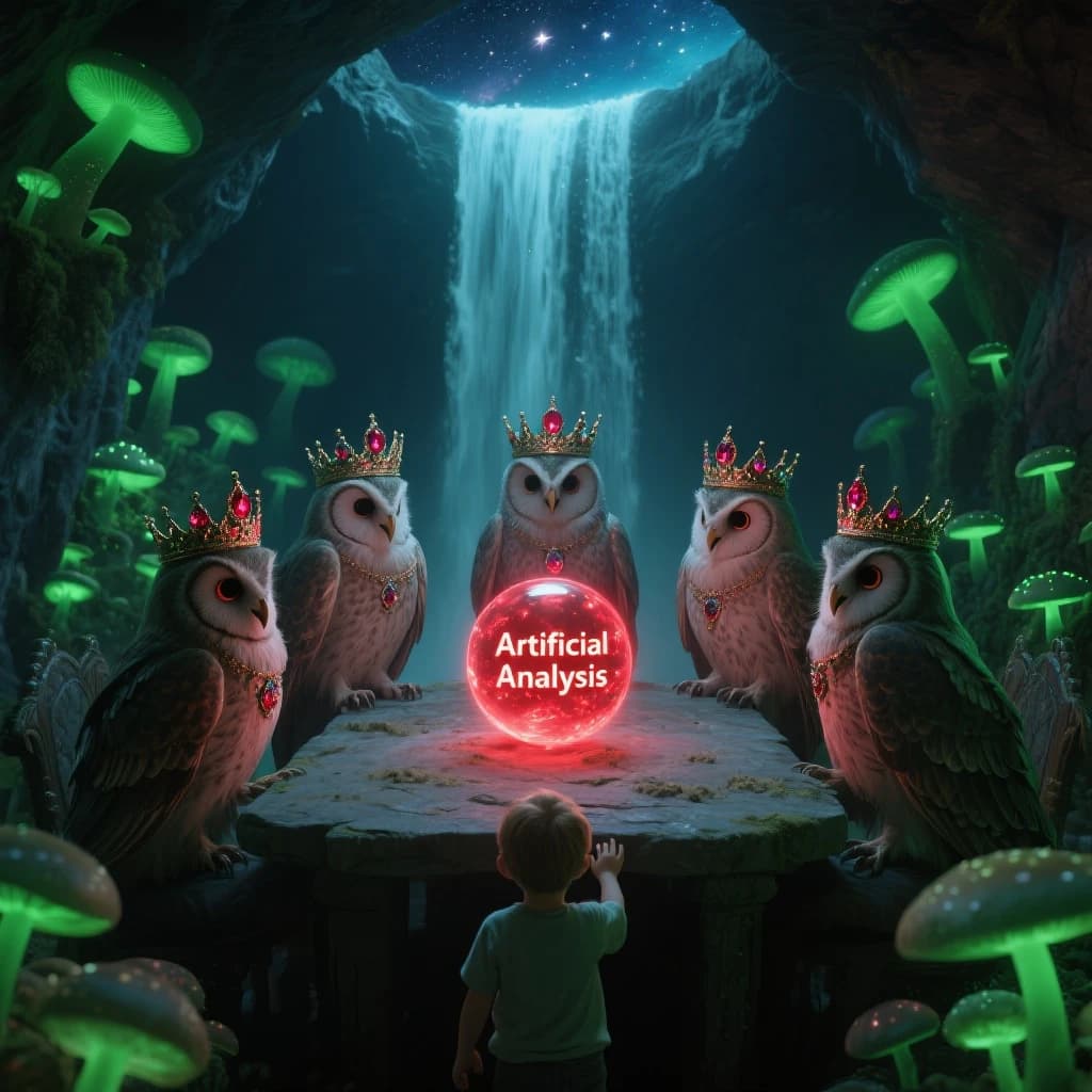 In a cavern lined with bioluminescent fungi glowing lime green, the council of owls wear jeweled crowns that glimmer with rubies, their wings folded behind their backs. Dust coats the stone table, a glowing orb inscribed with “Artificial Analysis” hovers above the table illuminating the owls with its red pulsating light. Behind them, a waterfall falls upward into a ceiling that opens onto stars - a child looks down in wonder from above at what he has stumbled across.