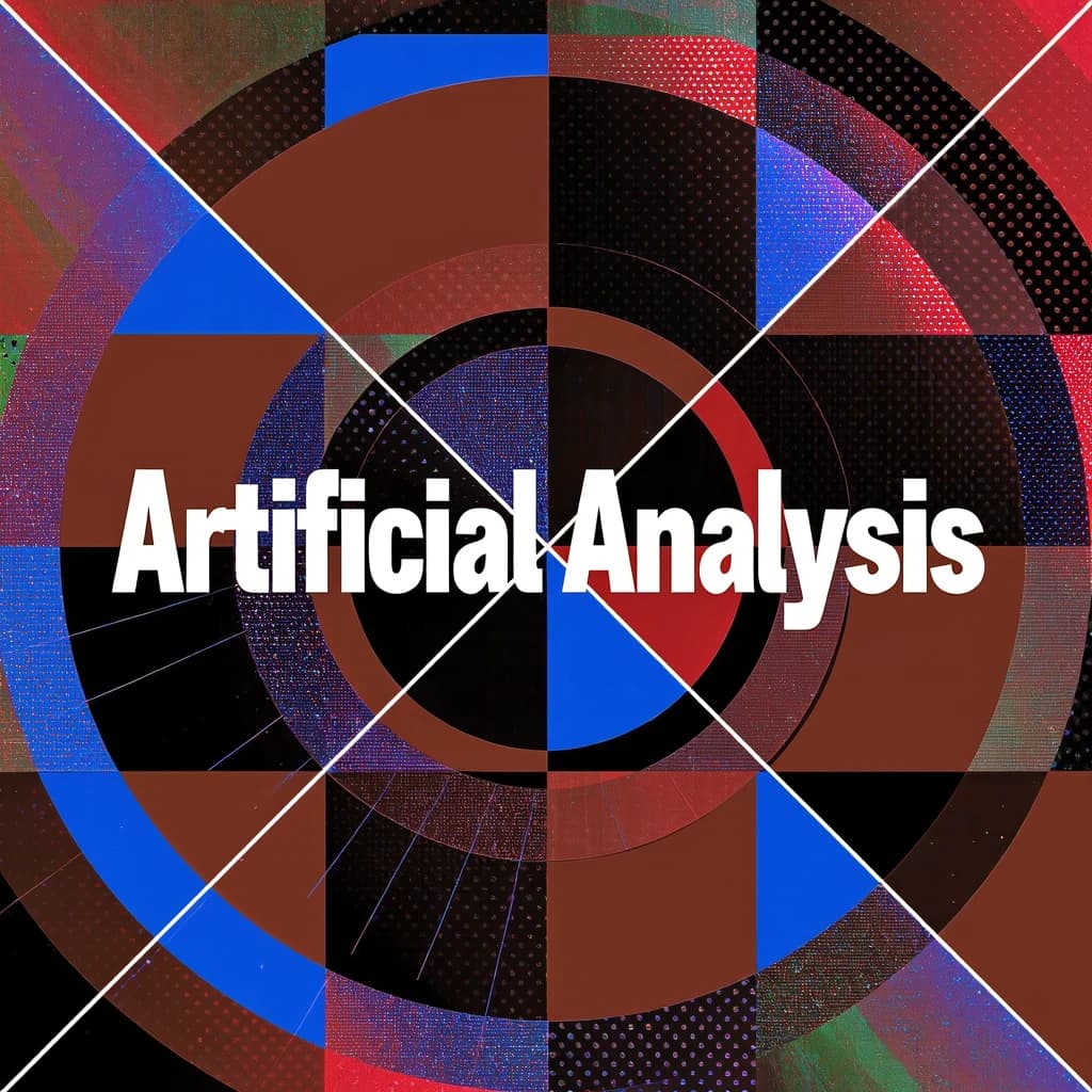 A bold poster composition dominated by flat geometric shapes in crimson, cobalt, and ochre. Overlapping circles and sharp diagonal lines create dynamic tension across the frame. A single sans-serif word — Artificial Analysis — stretches across the center in stark white, distorted slightly as though caught mid-glitch. The background is textured with halftone dots and faint grid lines, while subtle overlays of translucent rectangles suggest depth. Designed in the spirit of modernist Swiss typography fused with digital glitch aesthetics.