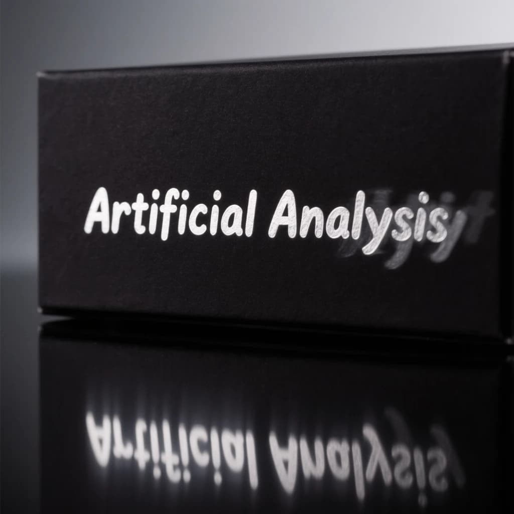 On the black box, silver foil embossing, centered: "Artificial Analysis" in Comic Sans Small Caps, perfectly justified. The letters are crisp, but the “Y” is duplicated faintly, ghosting right. On the box’s reflection, the word order is inverted: ARTIFICIAL ANALYSIS.