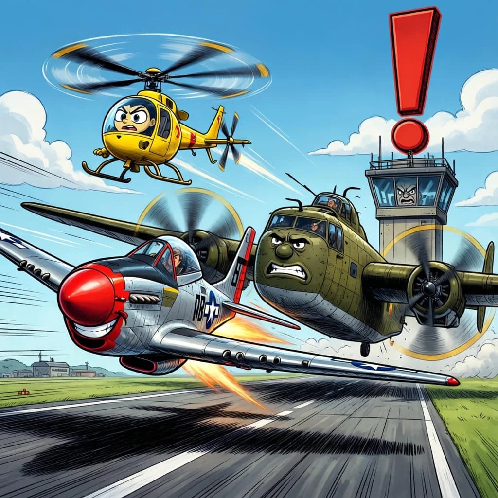 Almost at the runway, Fred the Fighter Jet is racing with Barry the Bomber to see who lands first. Fred has a mischievous trick up his sleeve but Hermione the Helicopter is going to stop him before he gets the chance. The control tower is very angry and has a big exclamation mark. Hand drawn cel look