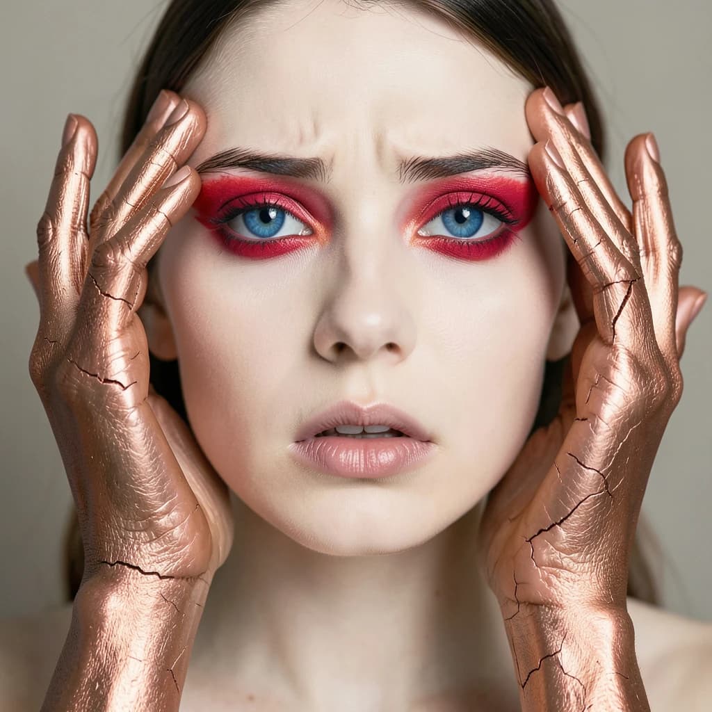 A striking close-up portrait of a woman with cracked metallic copper-painted hands framing her face. Her vivid blue and red eye makeup contrasts sharply with the smooth, pale skin and muted background, creating a bold, surreal composition. She displays an air of uncertainty about her