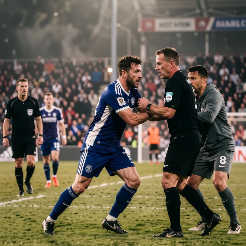 The soccer player clashes with the ref. It is thick and humid and the heat is getting to the players. His friend tries to pull him off before he causes any more trouble.