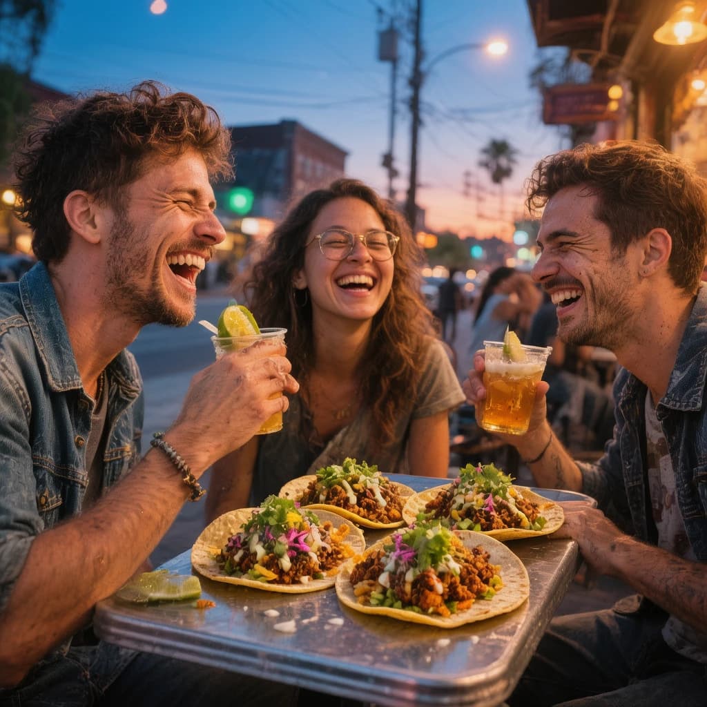 Friends laugh over street tacos at dusk, candid, shallow depth.