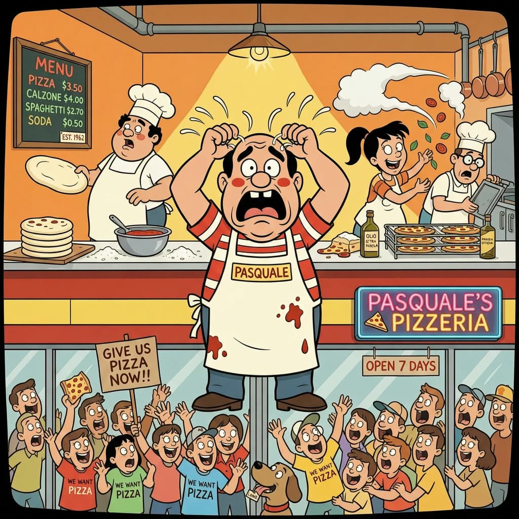 Pasquale is pulling his few remaining hairs out over a disaster at the pizzeria - the cooks are working as fast as they can but the crowds outside are swelling and they demand hot hot pizza! They are banging on the glass and some are wearing "we want pizza" shirts. 1980s western TV animation style.