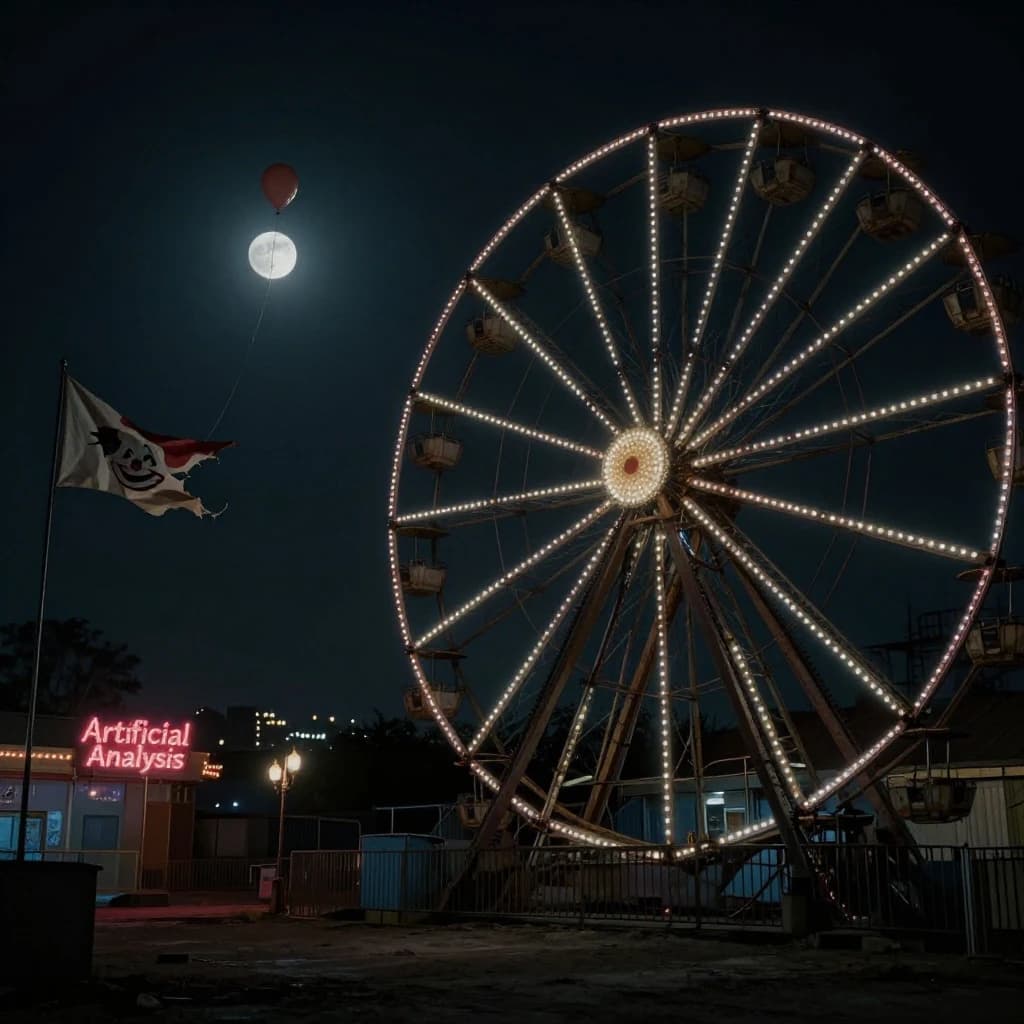 A deserted amusement park glows faintly under a half-moon. The ferris wheel is rusting yet strung with fresh, blinking LED lights. A torn clown banner flaps in a windless air. A lone balloon floats upward, tethered to nothing, while in the far distance city lights flicker on - some neon, some gas lamps as though from another century. 'Artificial Analysis' glows in neon