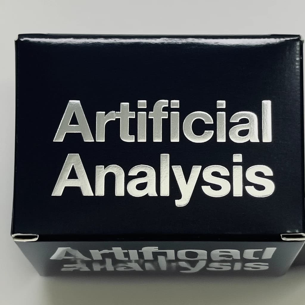 On the black box, silver foil embossing, centered: "Artificial Analysis" in Comic Sans Small Caps, perfectly justified. The letters are crisp, but the “Y” is duplicated faintly, ghosting right. On the box’s reflection, the word order is inverted: ARTIFICIAL ANALYSIS.