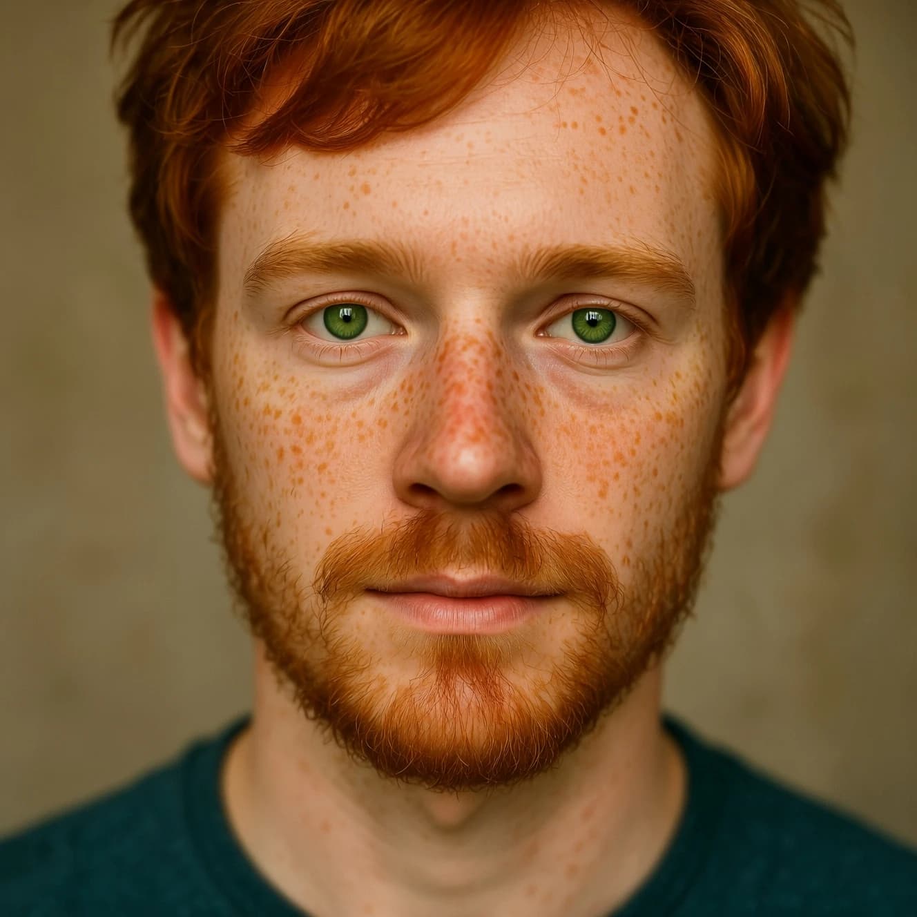Shoot a natural light headshot of a red-haired man with freckles, green eyes.