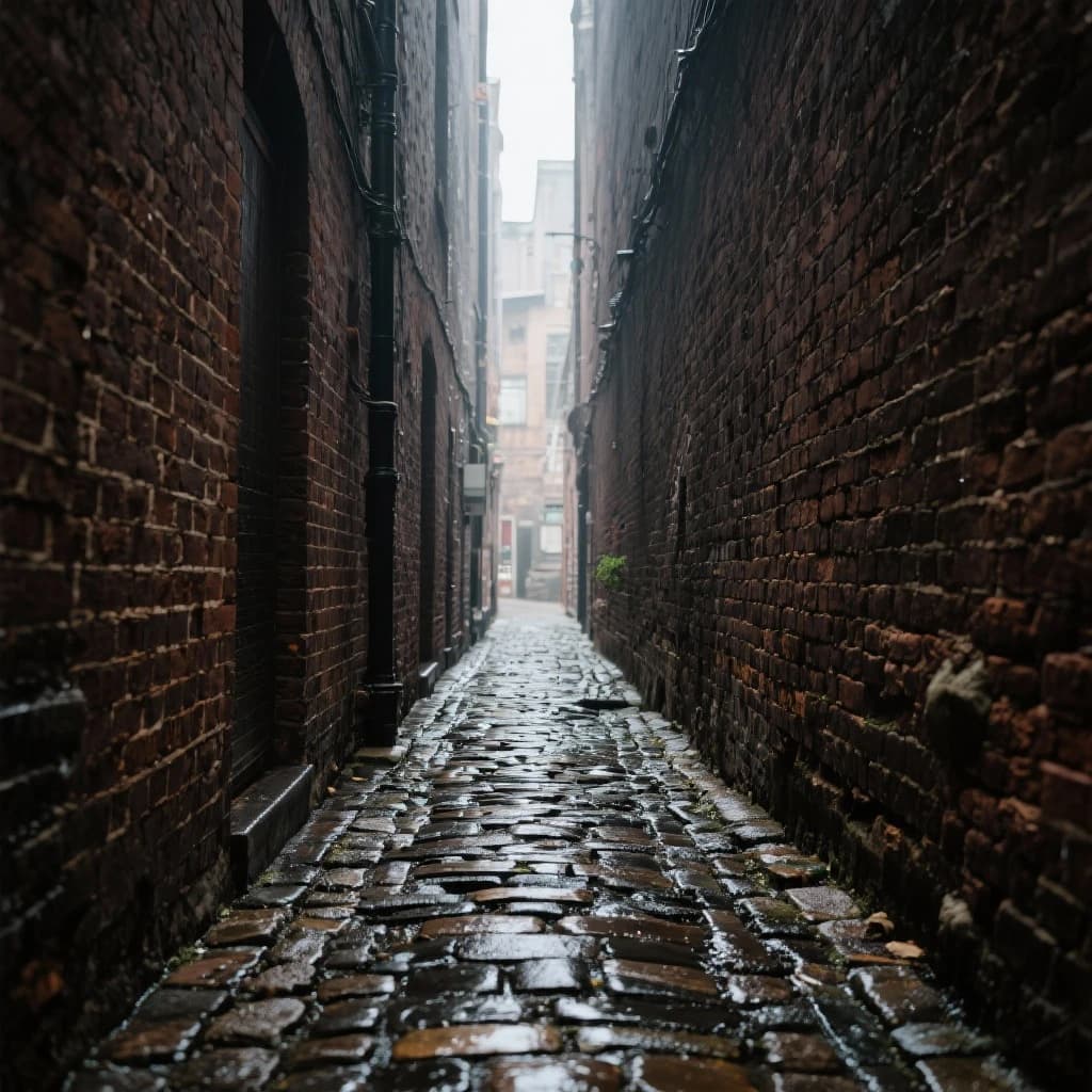 Show a narrow brick alley with wet cobblestones.