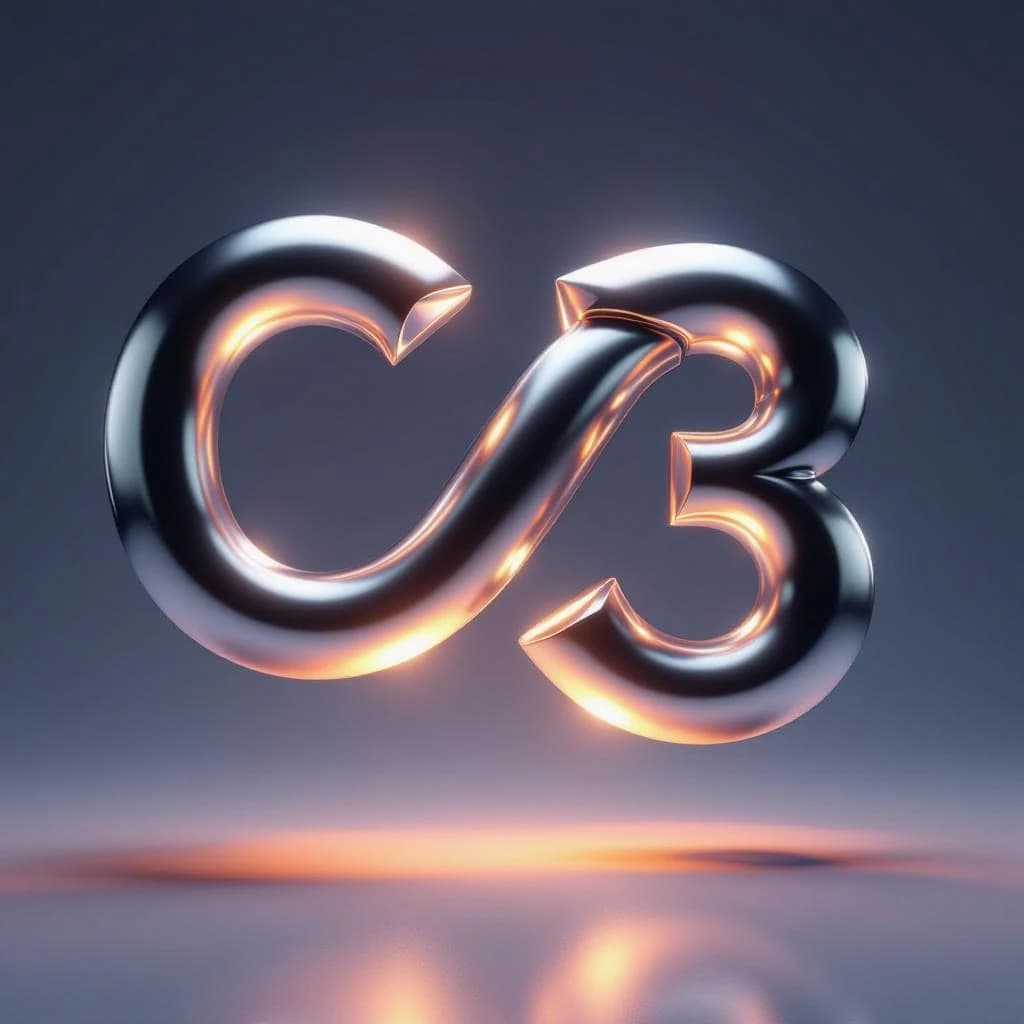Render chrome 3D letters twisting in midair, soft glow, a bit of grain.