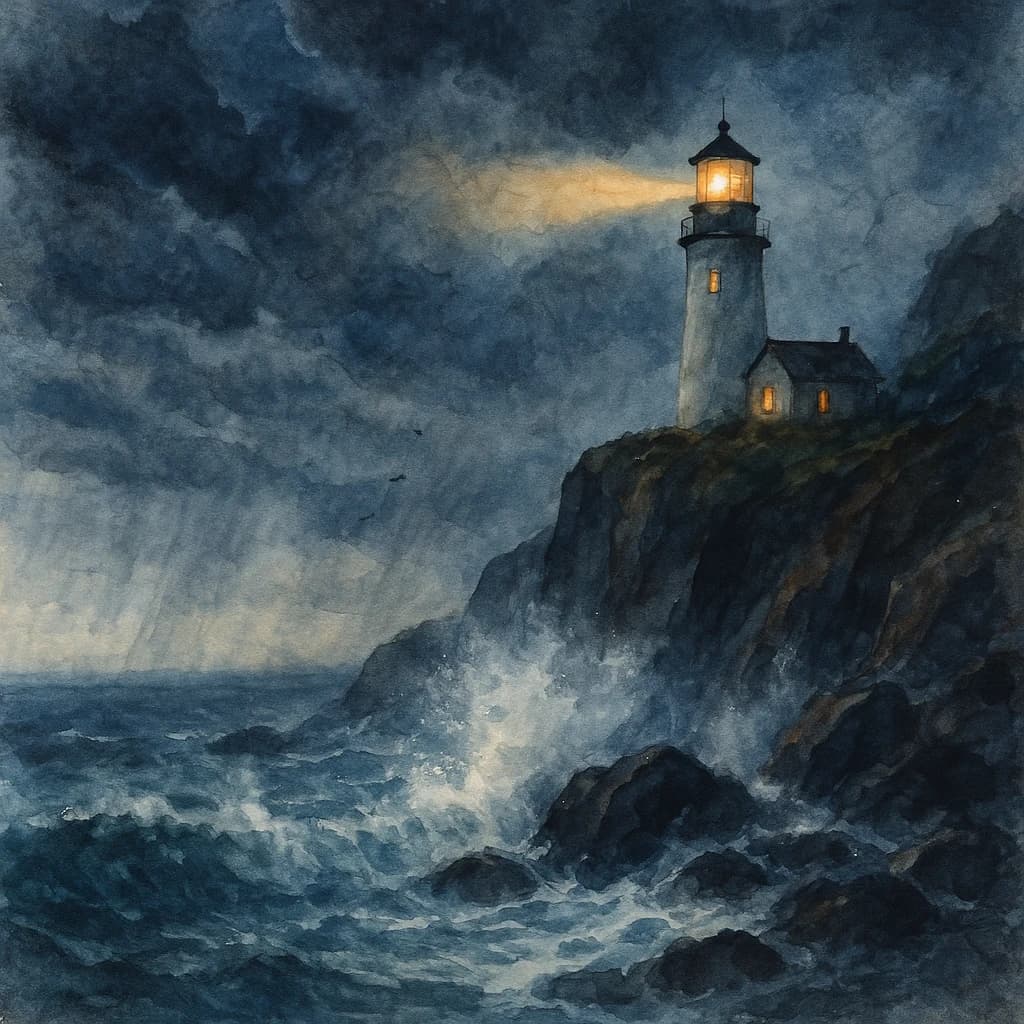 Please paint a watercolor of stormy cliffs and a lighthouse, moody sky.