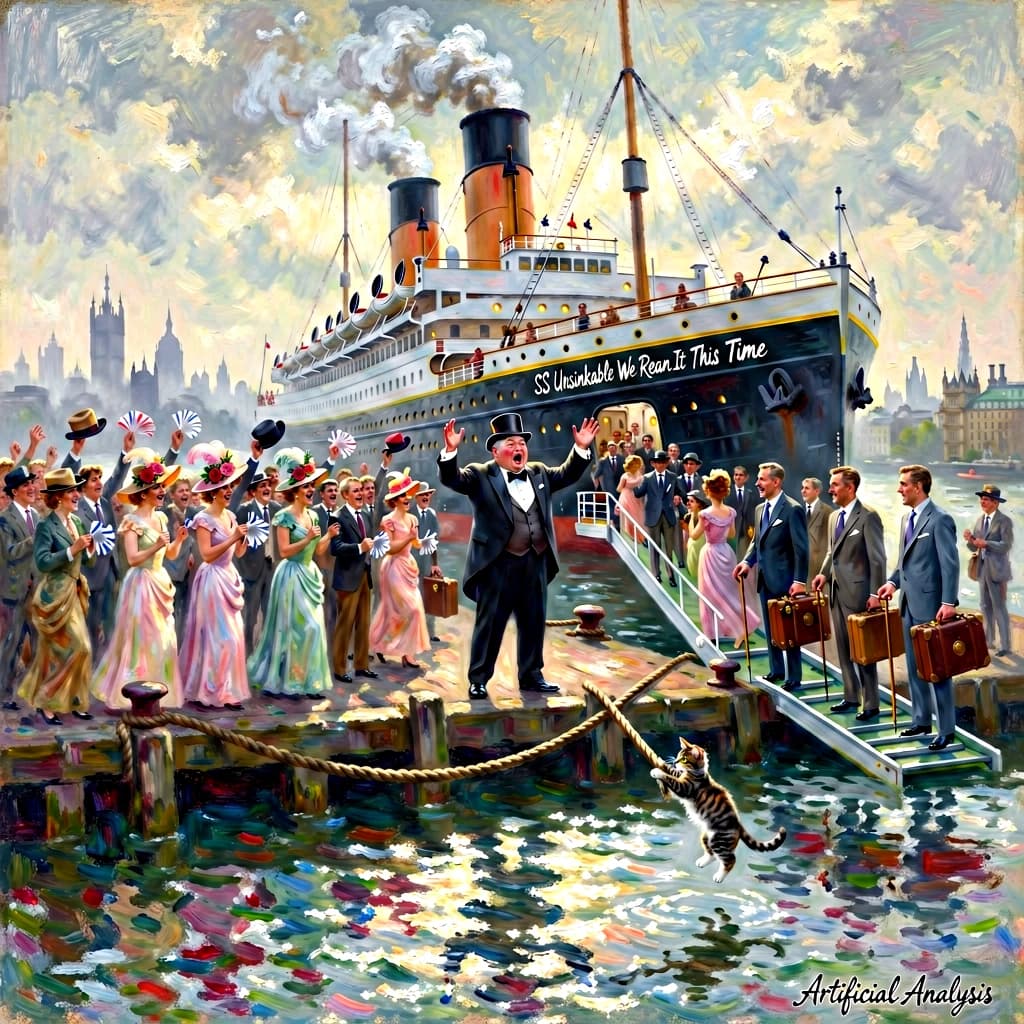 An impressionistic painting of the mighty steamer the "SS Unsinkable We Really Mean It This Time" on a cloudy but bright London morning about to set out on her maiden voyage. A jubilant crowd is gathered on the dock around the paunchy mayor who is making a speech, gesticulating wildly with his hands. The gangways are busy with well heeled ladies and gentlemen making their way onto the ship. A cheeky cat hangs over the water, clinging to the mooring rope after an ill-fated attempt to climb up. The artist has signed his name "Artificial Analysis" in the bottom corner