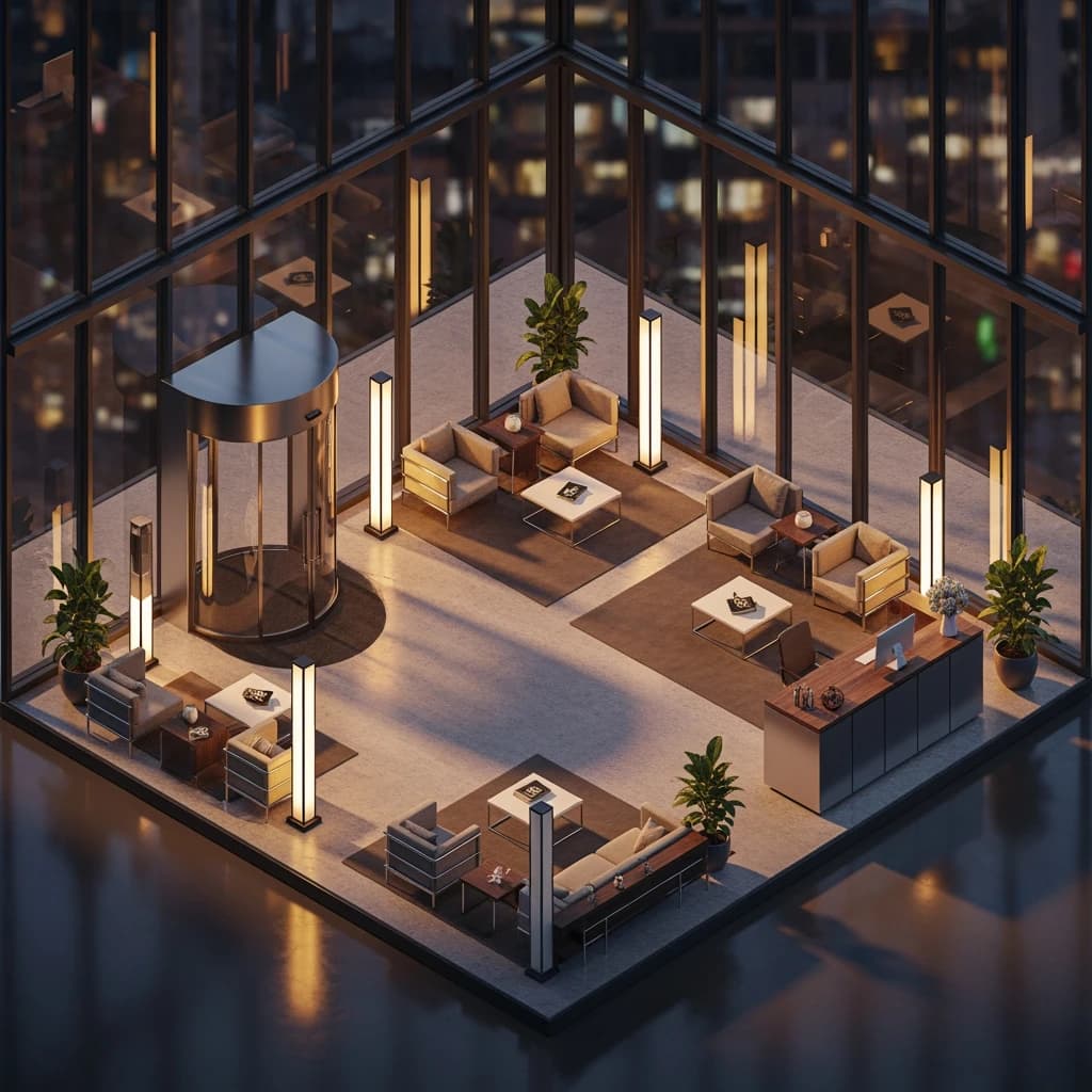 Isometric 3D lobby, glass walls, warm lights, slightly moody, soft shadows.