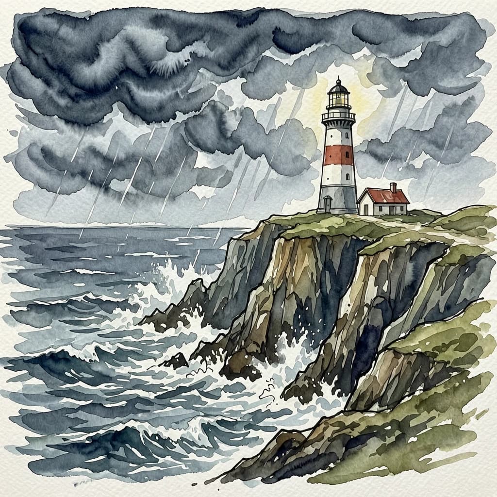 Please paint a watercolor of stormy cliffs and a lighthouse, moody sky.