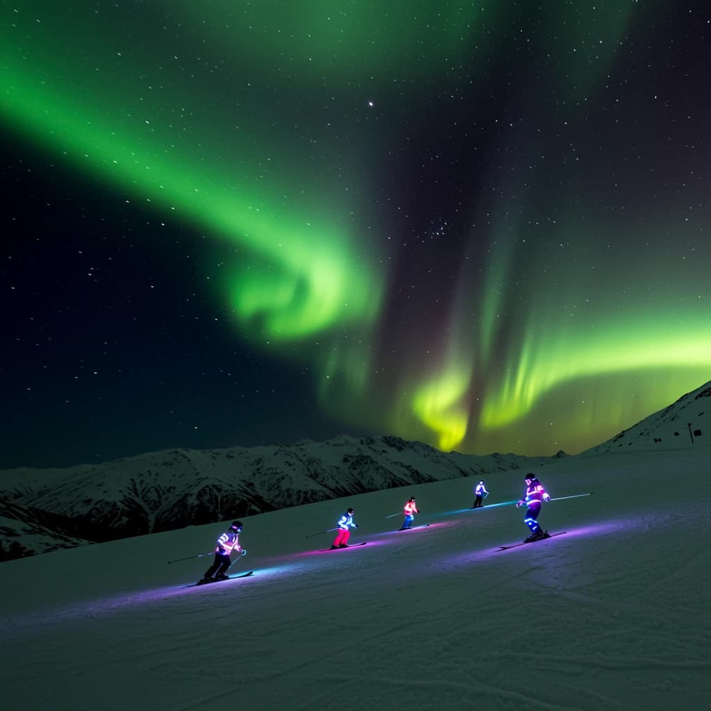 Coronet Peak Night Skiing: Skiers in colorful LED suits carve their way down the slopes of New Zealand's Coronet Peak under the Aurora Borealis, the skiers' light trails visible behind them