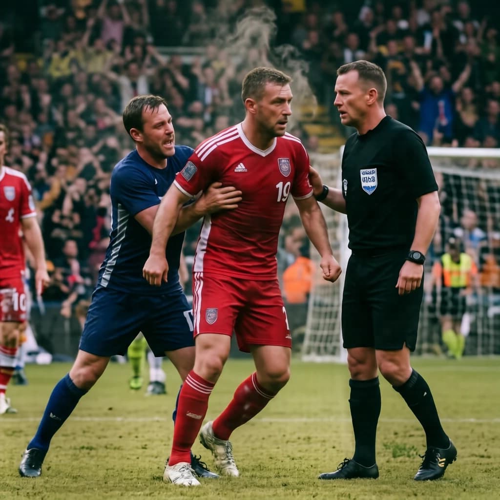 The soccer player clashes with the ref. It is thick and humid and the heat is getting to the players. His friend tries to pull him off before he causes any more trouble.