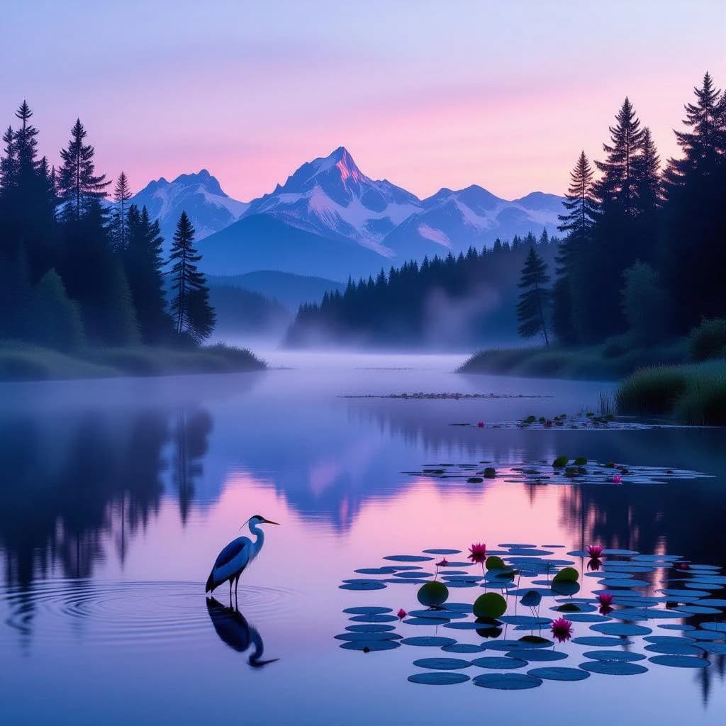 With pre-dawn mist along a cedar forest river and glassy water dotted with lily pads, distant mountains blush pink, and a heron stands still like it forgot what to do next.