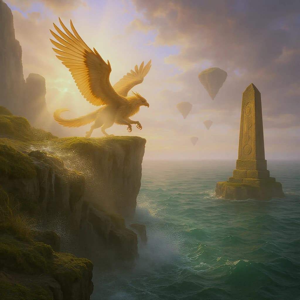 At dawn, a winged griffin lands on a mossy cliff above a jade sea beside a runed obelisk; floating isles drift under golden sunbeams, with a bit of sea spray and glowing runes.