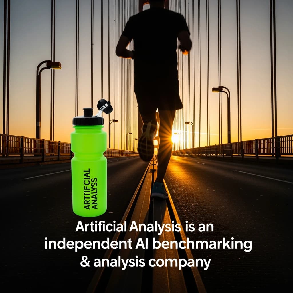 A runner dashes across the Golden Gate Bridge at dawn, sunlight streaming between cables. In their hand, they carry a neon-green sports drink with the brand name Artificial Analysis splashed boldly across the bottle. Motion blur emphasizes speed, while crisp purple sans serif typography overlays the bottom right of the scene with the tagline: Artificial Analysis is an independent AI benchmarking & analysis company