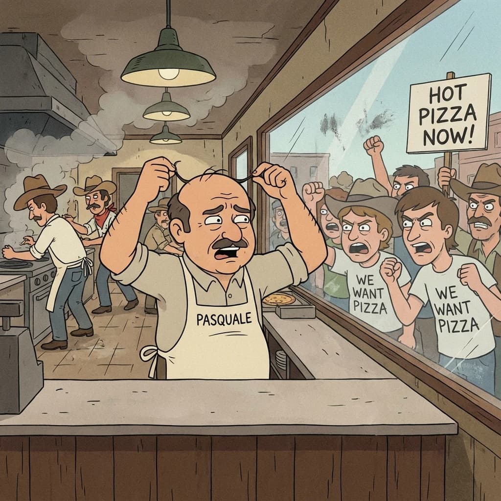 Pasquale is pulling his few remaining hairs out over a disaster at the pizzeria - the cooks are working as fast as they can but the crowds outside are swelling and they demand hot hot pizza! They are banging on the glass and some are wearing "we want pizza" shirts. 1980s western TV animation style.