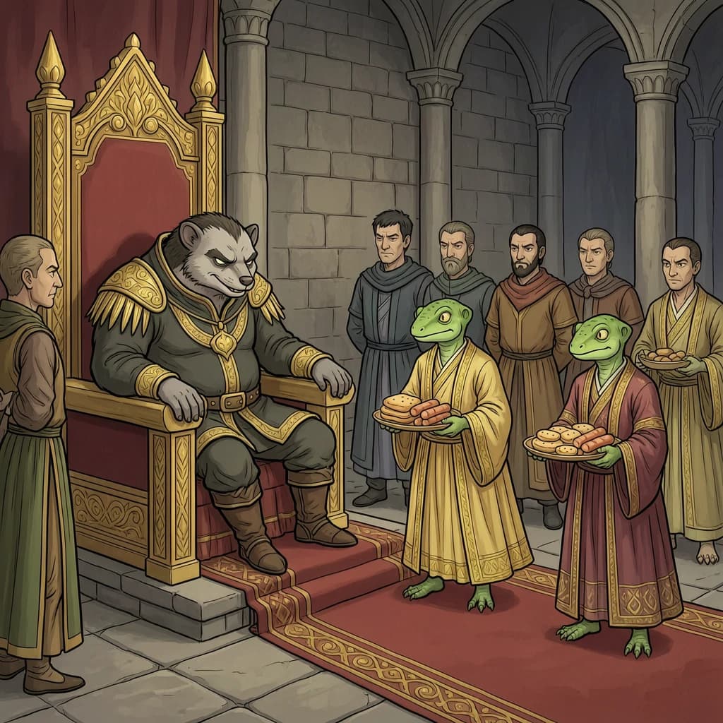 Big Weasel, the tyrannical ruler of the Levitus, slouches on his throne, his mood foul but somewhat brightened by the sight of gifts - a wearisome group of lizard traders adorned in fine silks proceed toward him through the hall with their annual tribute of biscuits, ham and gold - Big Weasel's favourites. Big Weasel's entourage looks on with stern approval.