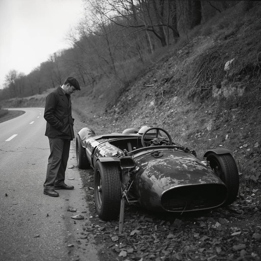 Mario examines the still smouldering wreck of the crash that took his best driver on the side of the country road. He designed this car and caused this. 3 days have passed since the crash. It's 1973 in Northern Italy.