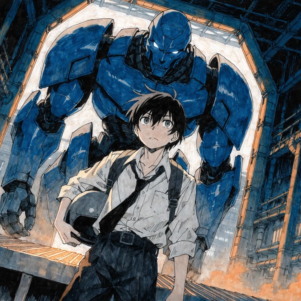 A teenage pilot grips his helmet under one arm, standing at the edge of a glowing hangar bay. Before him looms a sleek, steel-blue mech, its eyes lit with a cold electric glare. His school uniform is rumpled, a sharp contrast to the machine’s flawless plating. The vast scale engulfs him in shadow, emphasizing both awe and dread. Hand-drawn anime style.