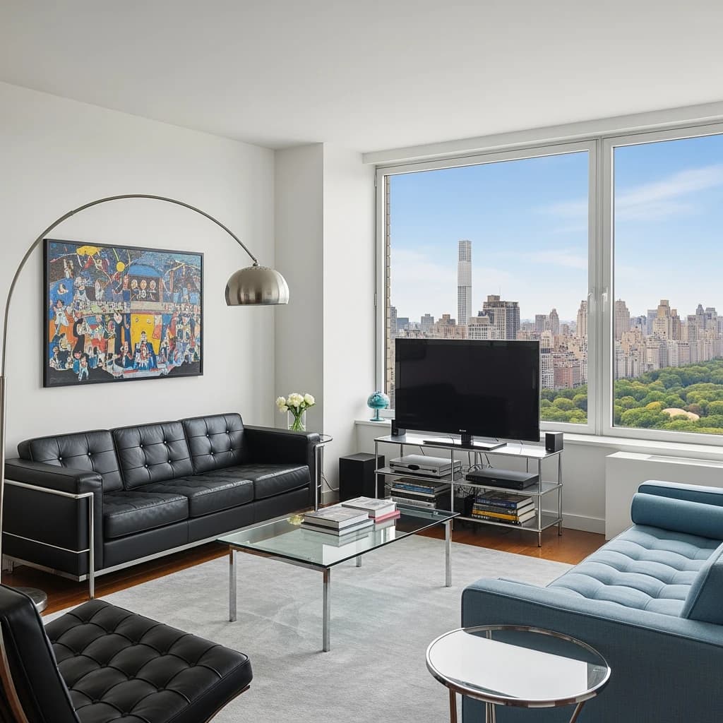 My apartment overlooks Central Park. It’s very luxurious, very expensive, and the furniture is minimal — a black leather couch, a glass coffee table with chrome legs, an Arne Jacobsen floor lamp. A big-screen television set rests on a steel shelving unit. A David Onica painting hangs above the couch. There’s a stainless steel and glass cocktail table. A powder-blue sofa. A thirty-inch digital TV.