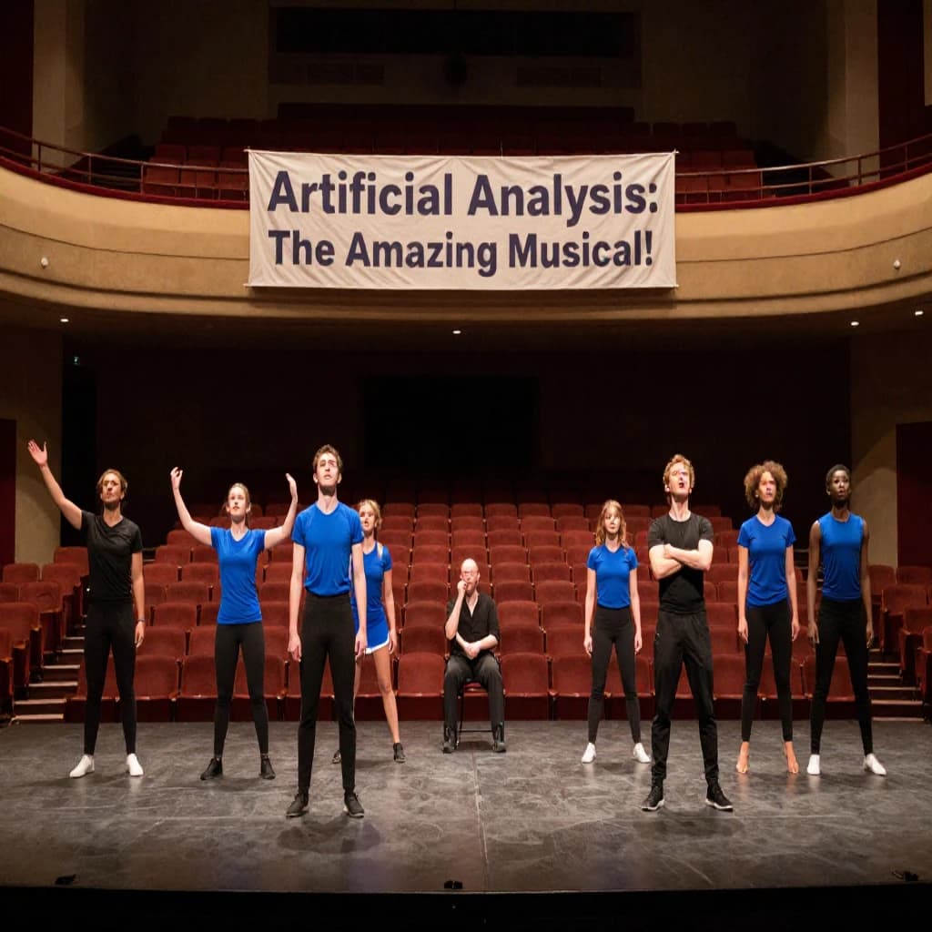 The musical troupe do a rehearsal in a large, empty theatre. 9 people are on the stage, half wear black and the others wear blue. The skinny bald director, seated in the second row, is practically leaping out of their seat with excitement as the leads nail their aerial. A giant banner reading "Artificial Analysis: The Amazing Musical!" is behind the actors.