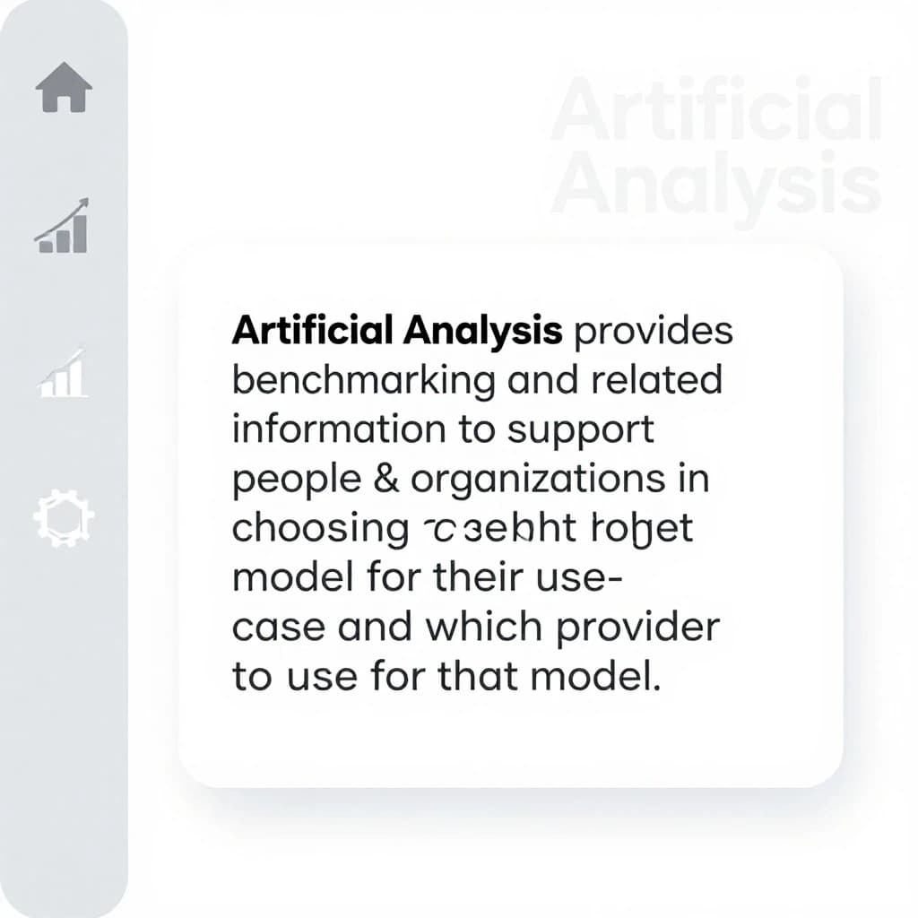 On a high-resolution dashboard mockup with a clean white background, display a centered text module in Helvetica Neue Regular, 18pt, black: “Artificial Analysis provides benchmarking and related information to support people & organizations in choosing the right model for their use-case and which provider to use for that model.” The text box is justified, but the final word wraps awkwardly onto its own line. To the left, a vertical navigation bar in light gray with three icons - home, chart, and settings - aligned evenly but casting misaligned shadows. In the upper right, the Artificial Analysis logo appears faintly, semi-transparent, watermarked over the corner of the interface.