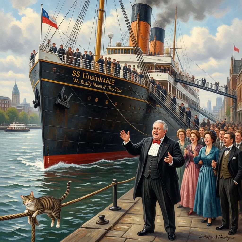 An impressionistic painting of the mighty steamer the "SS Unsinkable We Really Mean It This Time" on a cloudy but bright London morning about to set out on her maiden voyage. A jubilant crowd is gathered on the dock around the paunchy mayor who is making a speech, gesticulating wildly with his hands. The gangways are busy with well heeled ladies and gentlemen making their way onto the ship. A cheeky cat hangs over the water, clinging to the mooring rope after an ill-fated attempt to climb up. The artist has signed his name "Artificial Analysis" in the bottom corner
