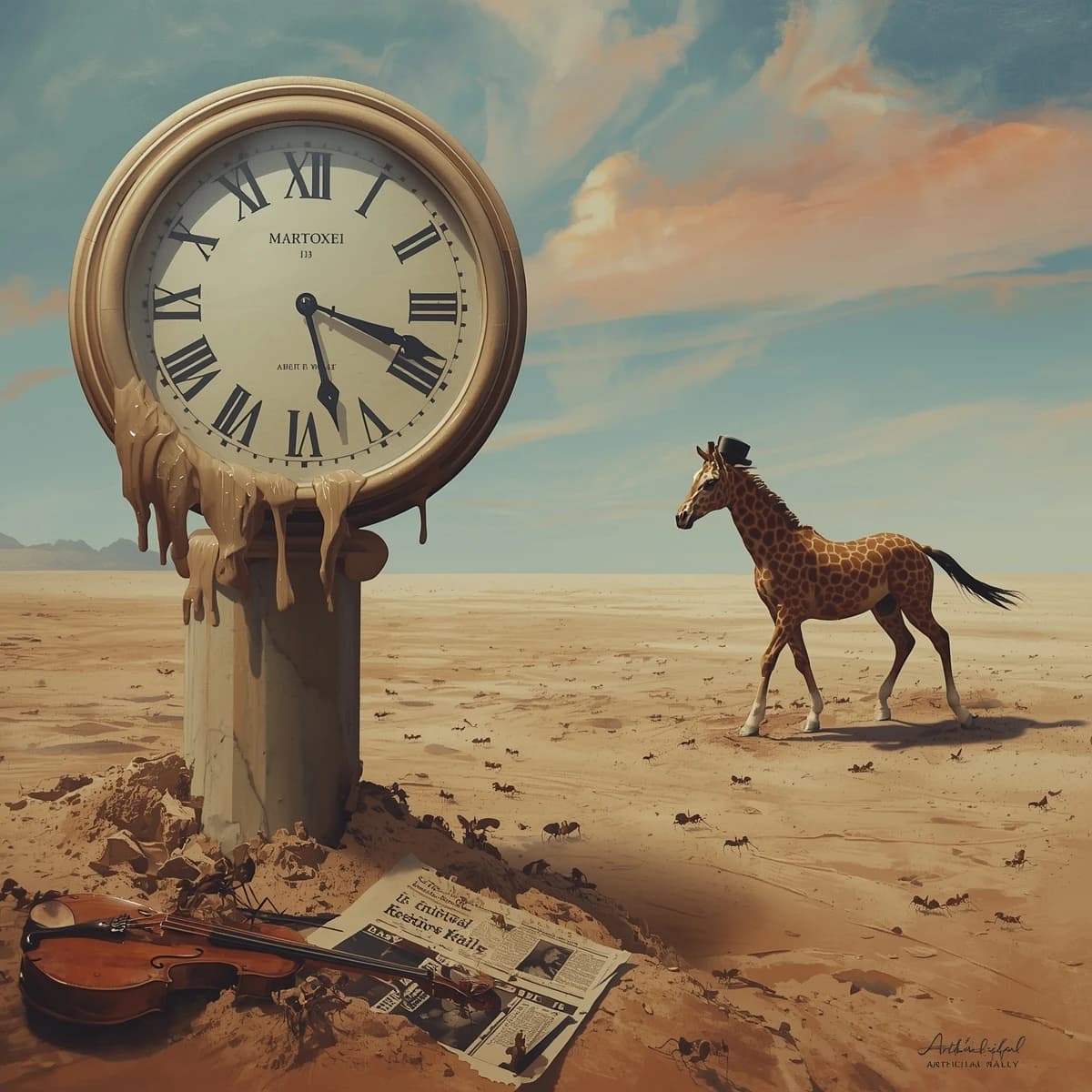 A vast desert plain stretches endlessly under a sky streaked with pale pink and ochre clouds. In the center stands a colossal clock, its face drooping and melting over the edge of a broken marble column. Ants swarm across its warped surface, glinting in the harsh sunlight. To the right, a horse with a giraffe like neck wearing a top hat strides toward the horizon, its shadow stretching miles across the sand. A cracked violin lies half-buried in the foreground, strings snapping outward like veins. Painted in the dreamlike surrealist style. A newspaper named the "Artificial Analysis Daily" lies on the Floor.